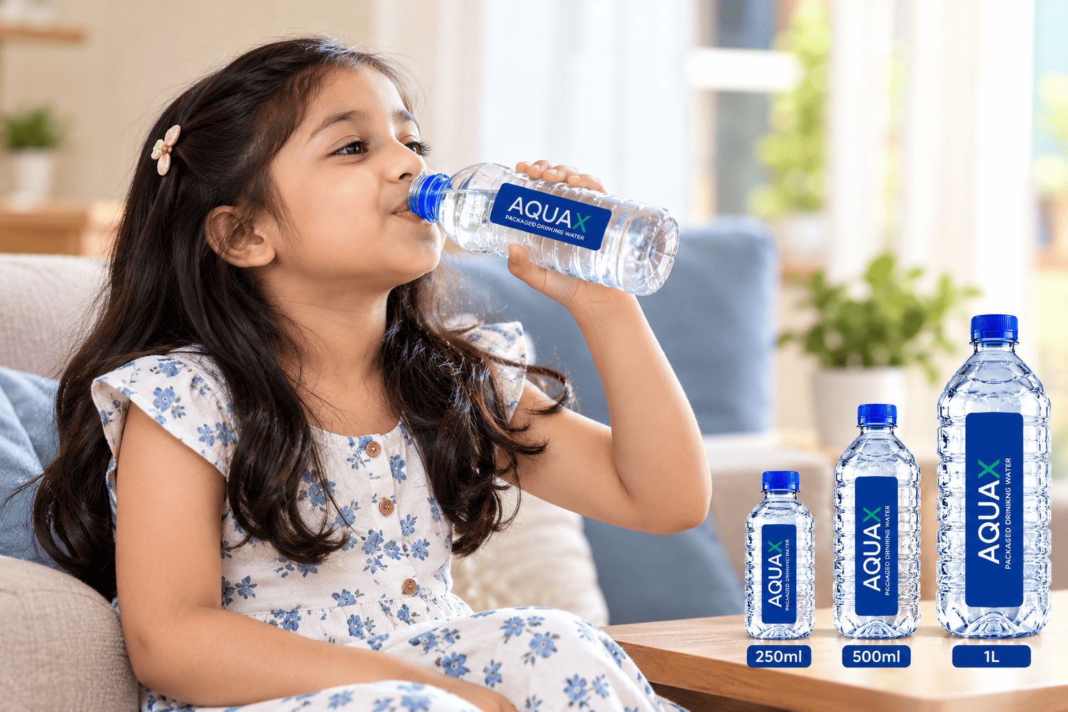 Child enjoying AQUAX packaged drinking water at home