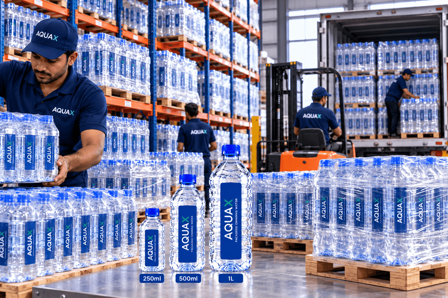 AQUAX shrink-wrapped drinking water bottle packs prepared for warehouse distribution