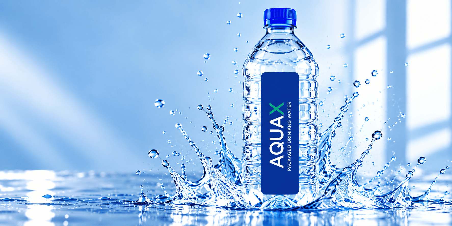 AQUAX packaged drinking water bottle surrounded by a refreshing water splash
