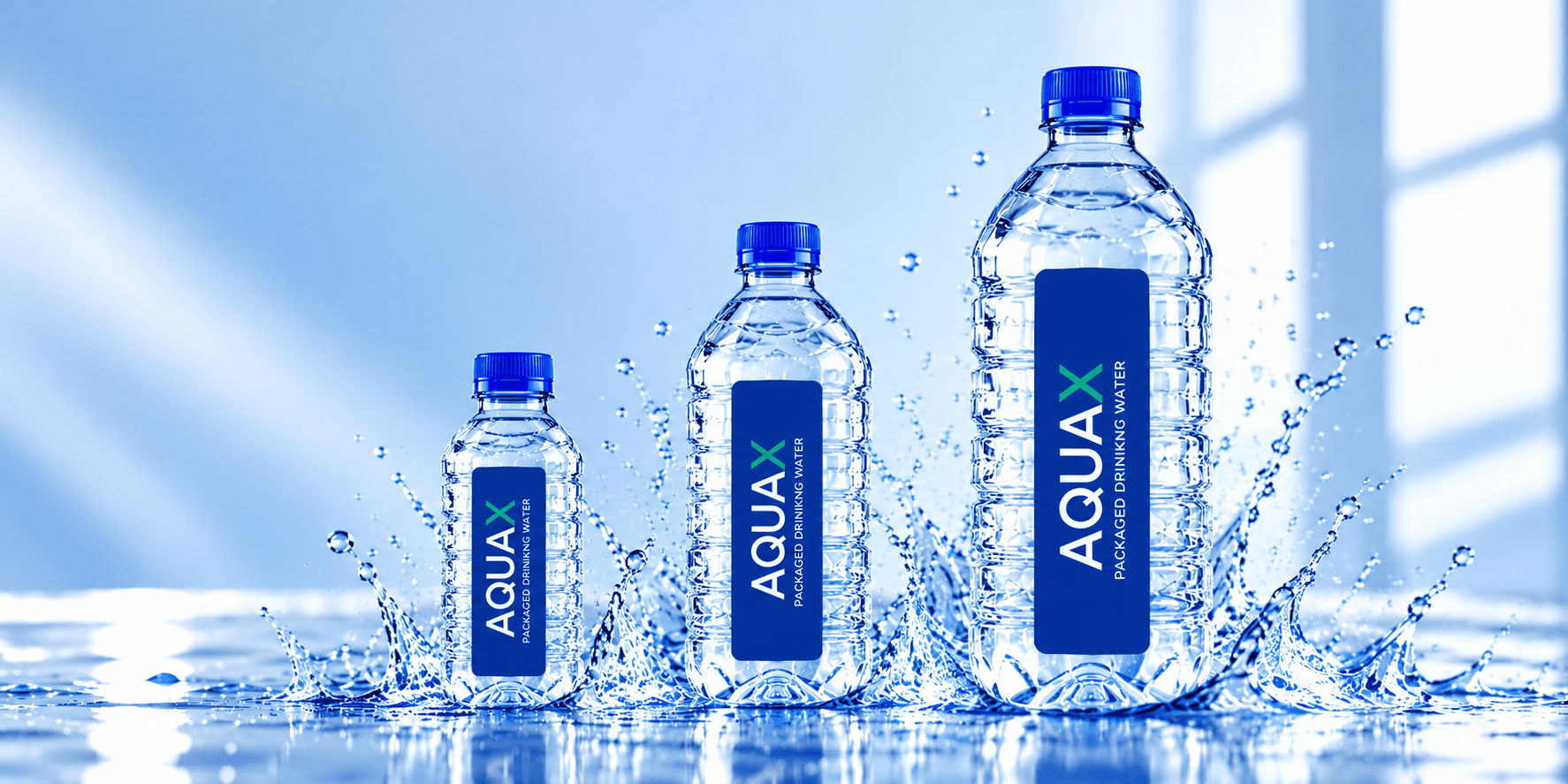 AQUAX packaged drinking water product range: 250ml, 500ml and 1L bottles