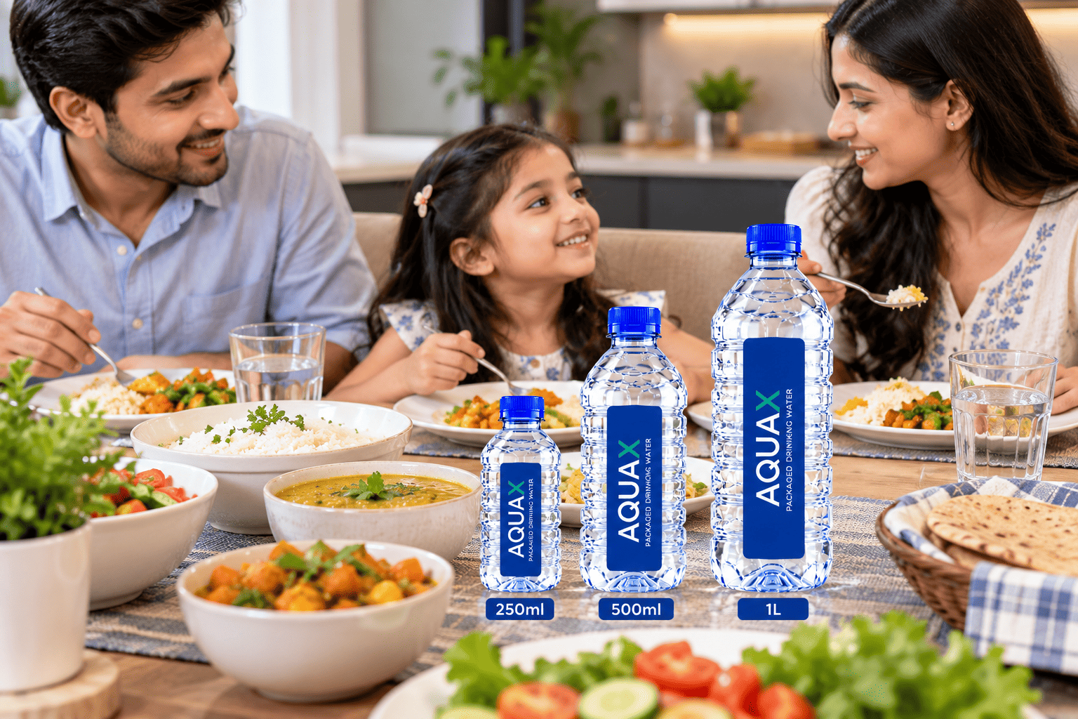 AQUAX water bottles on a family dining table